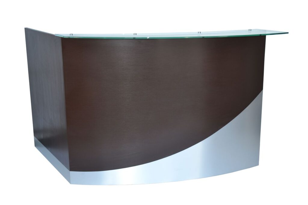 Curved reception desk with wood finish and glass top.
